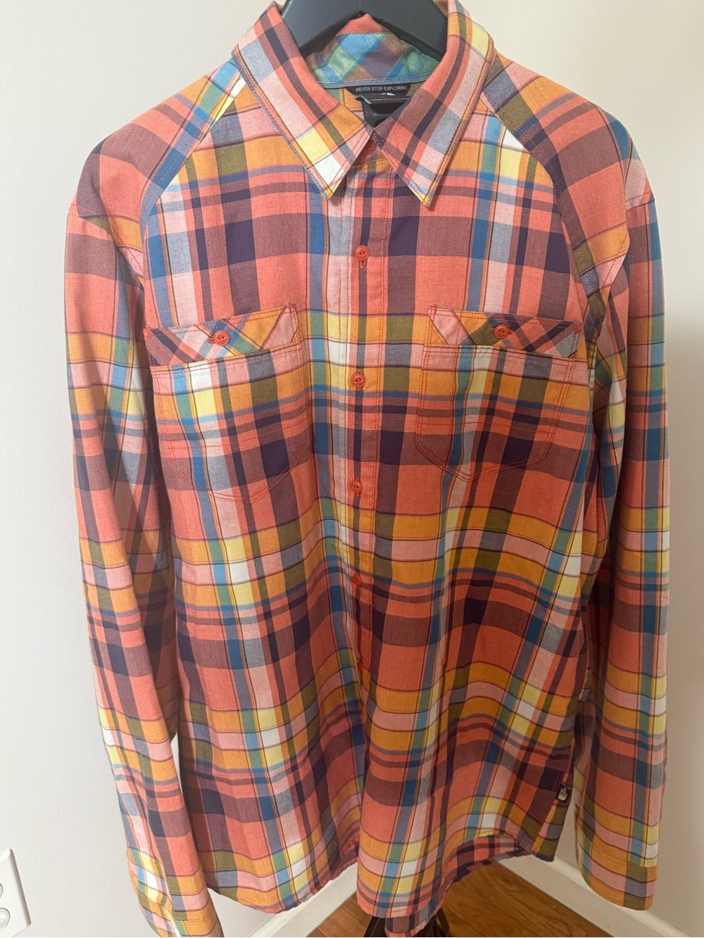 The North Face Men's Plaid Button-Up Shirt in Orange and Blue - size Medium